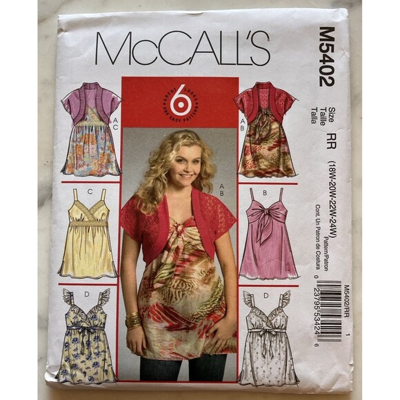 McCall's Pattern M5402 Womens Shrug & Tops 6 Styles Sizes 18W-20W-22W-24W Uncut - Picture 1 of 5